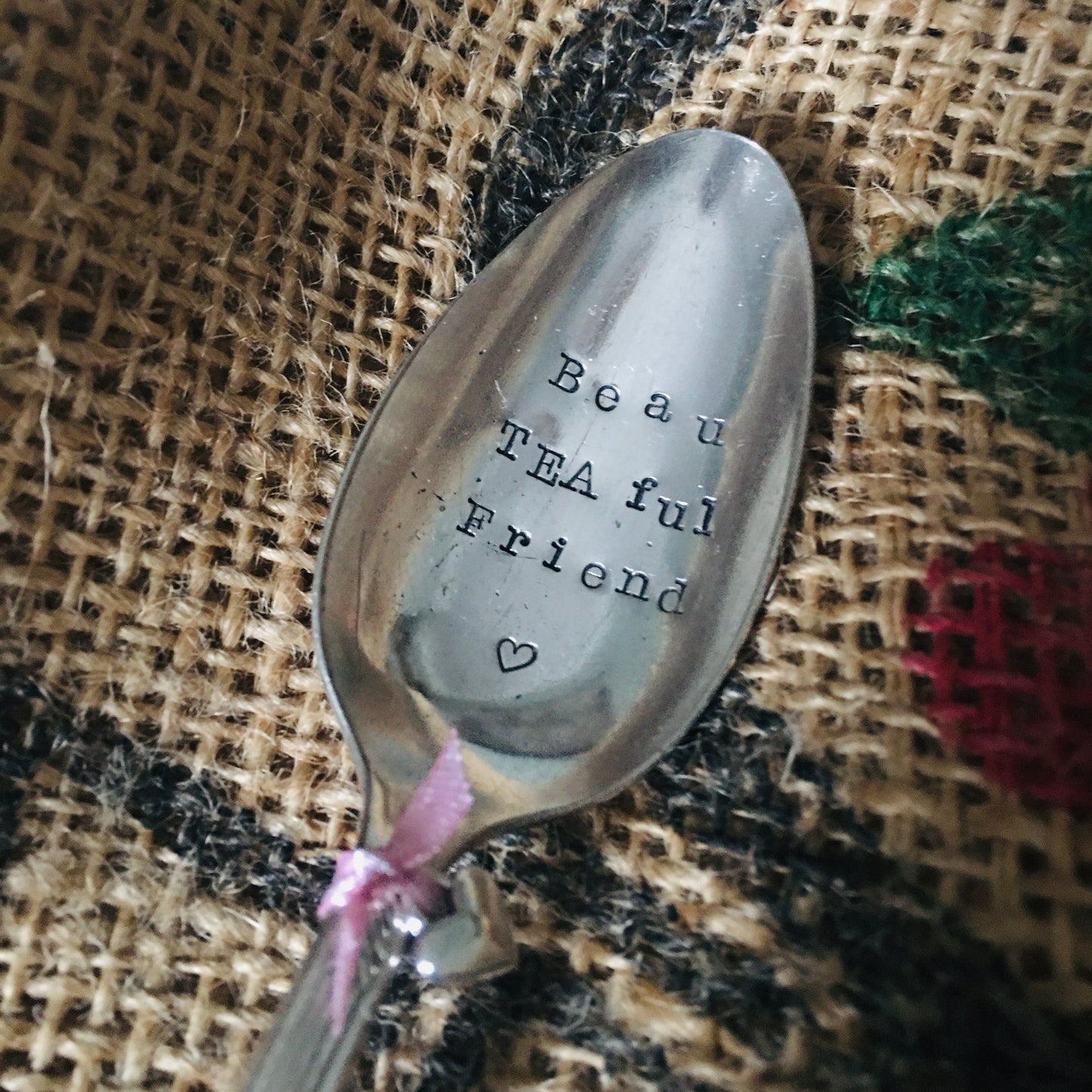BEAU TEA FUL FRIEND Hand stamped silver plated vintage teaspoon