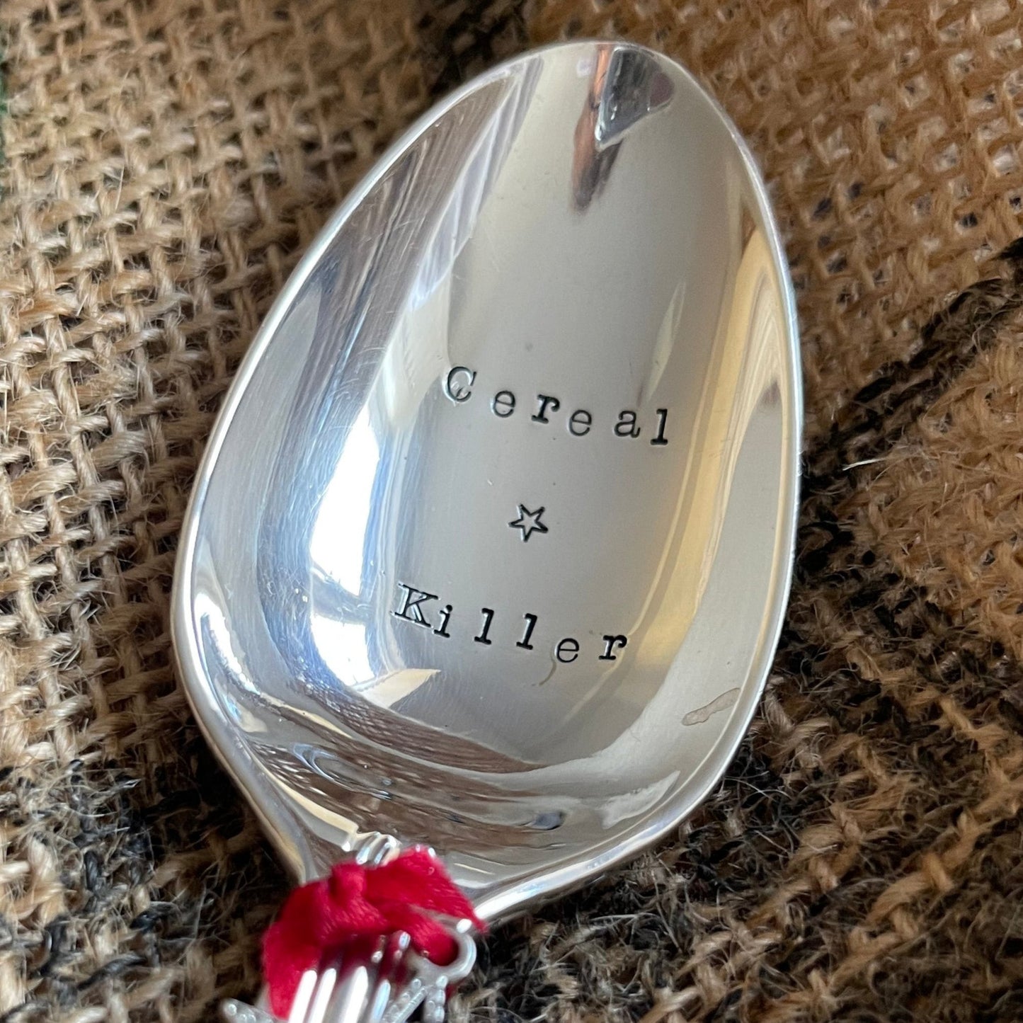 CEREAL KILLER Hand stamped Vintage Silver Plated Dessert Spoon