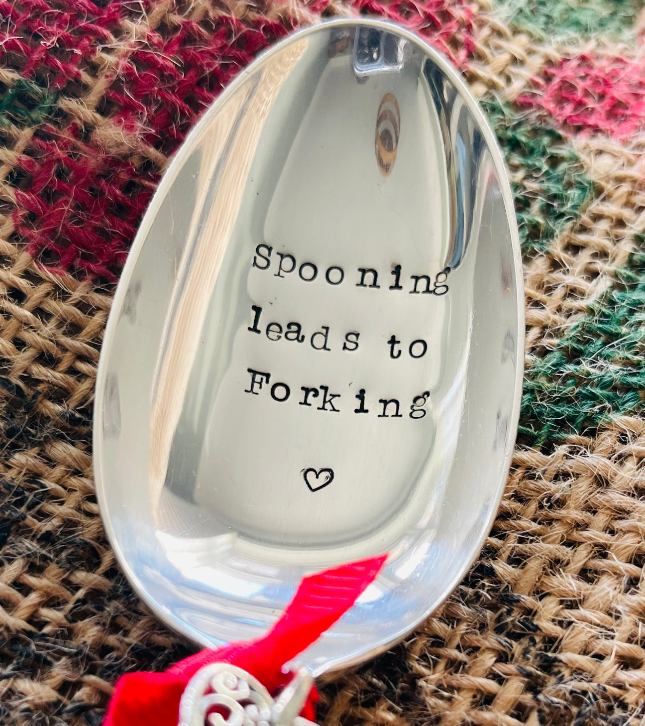 SPOONING LEADS TO FORKING Hand stamped Vintage Silver Plated Dessert spoon