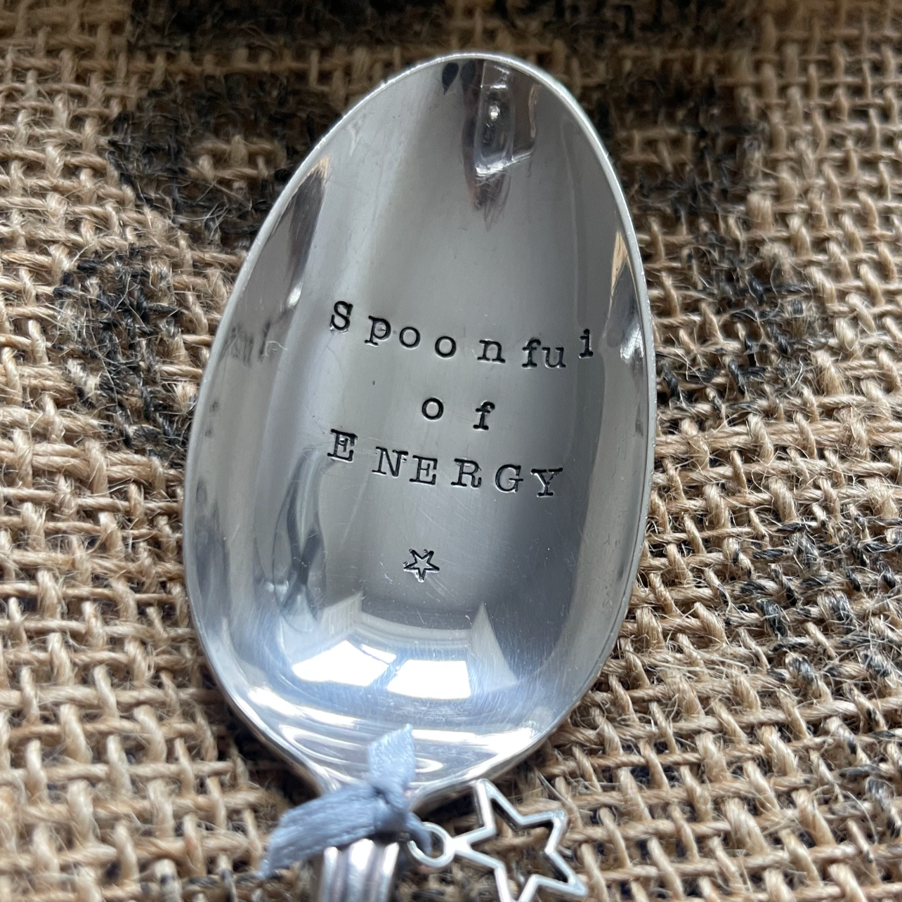 SPOONFUL OF ENERGY Hand Stamped Silver Plated Vintage Dessert Spoon