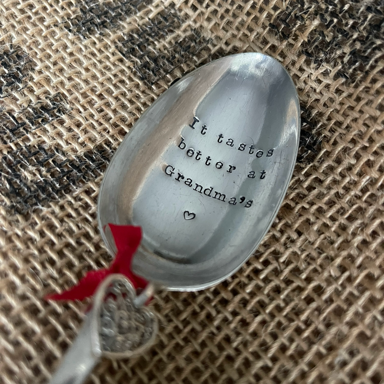 IT TASTES BETTER AT GRANDMA'S Hand stamped Vintage Silver Plated Dessert spoon
