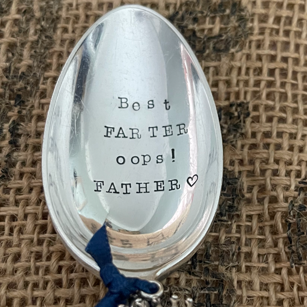 BEST FARTER, OOPS! FATHER Hand stamped Vintage Silver Plated Dessert spoon