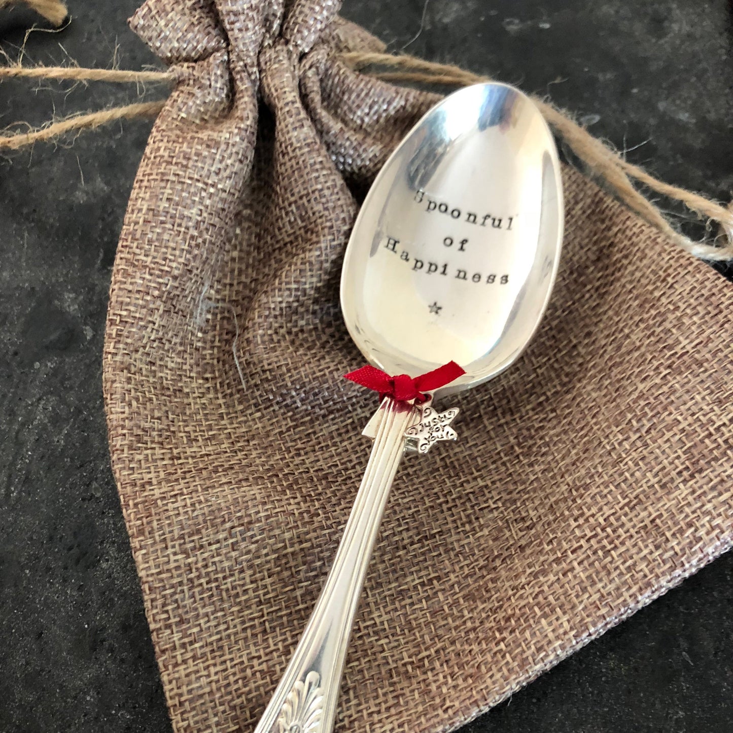 SPOONFUL OF HAPPINESS - Hand stamped Vintage Silver Plated Dessert Spoon