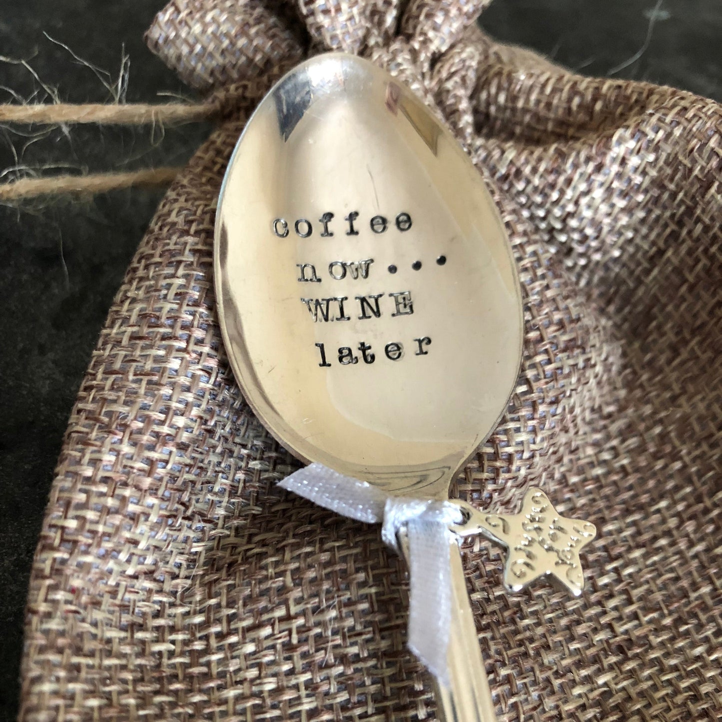 Coffee now...WINE later - Hand stamped Vintage Silver Plated Teaspoon