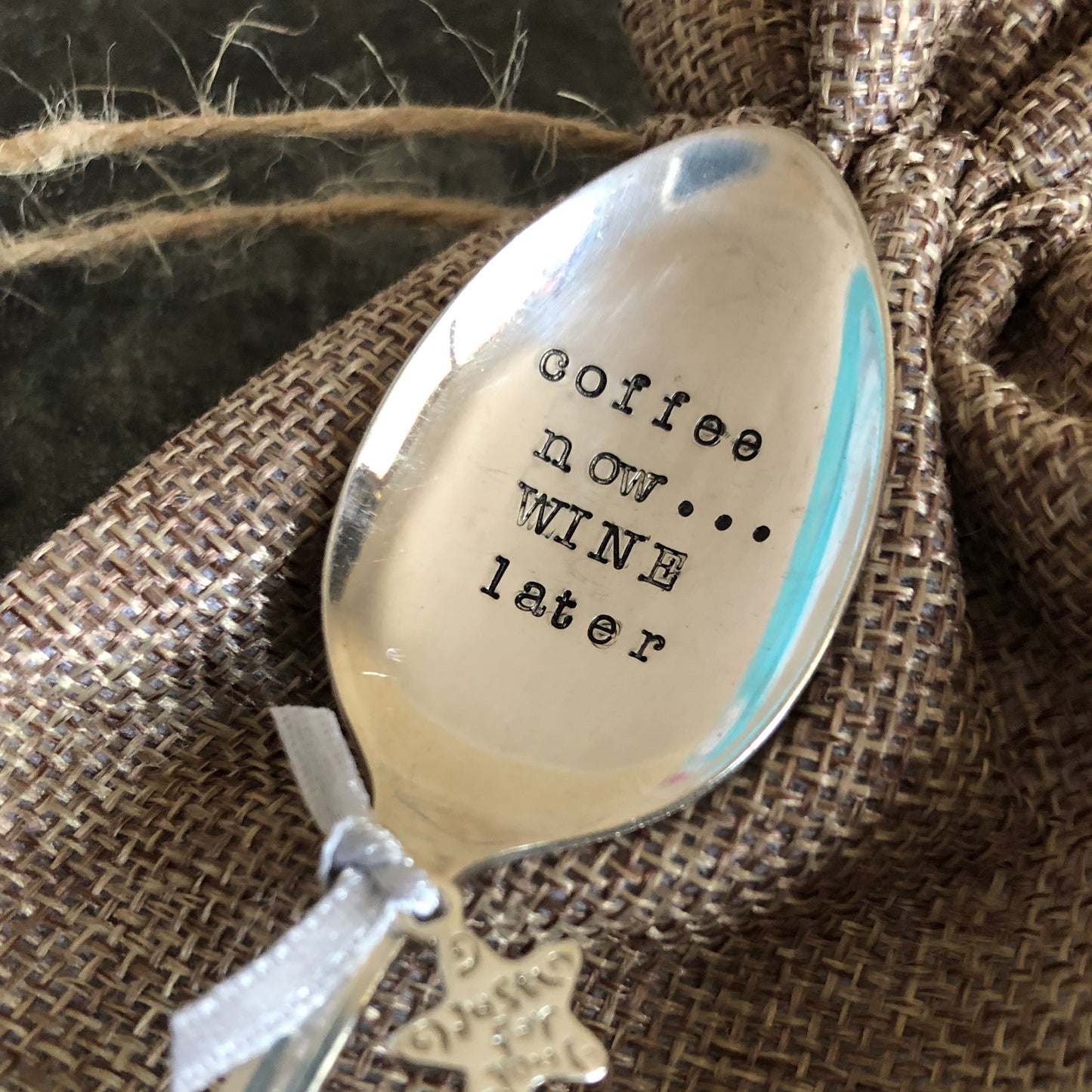 Coffee now...WINE later - Hand stamped Vintage Silver Plated Teaspoon