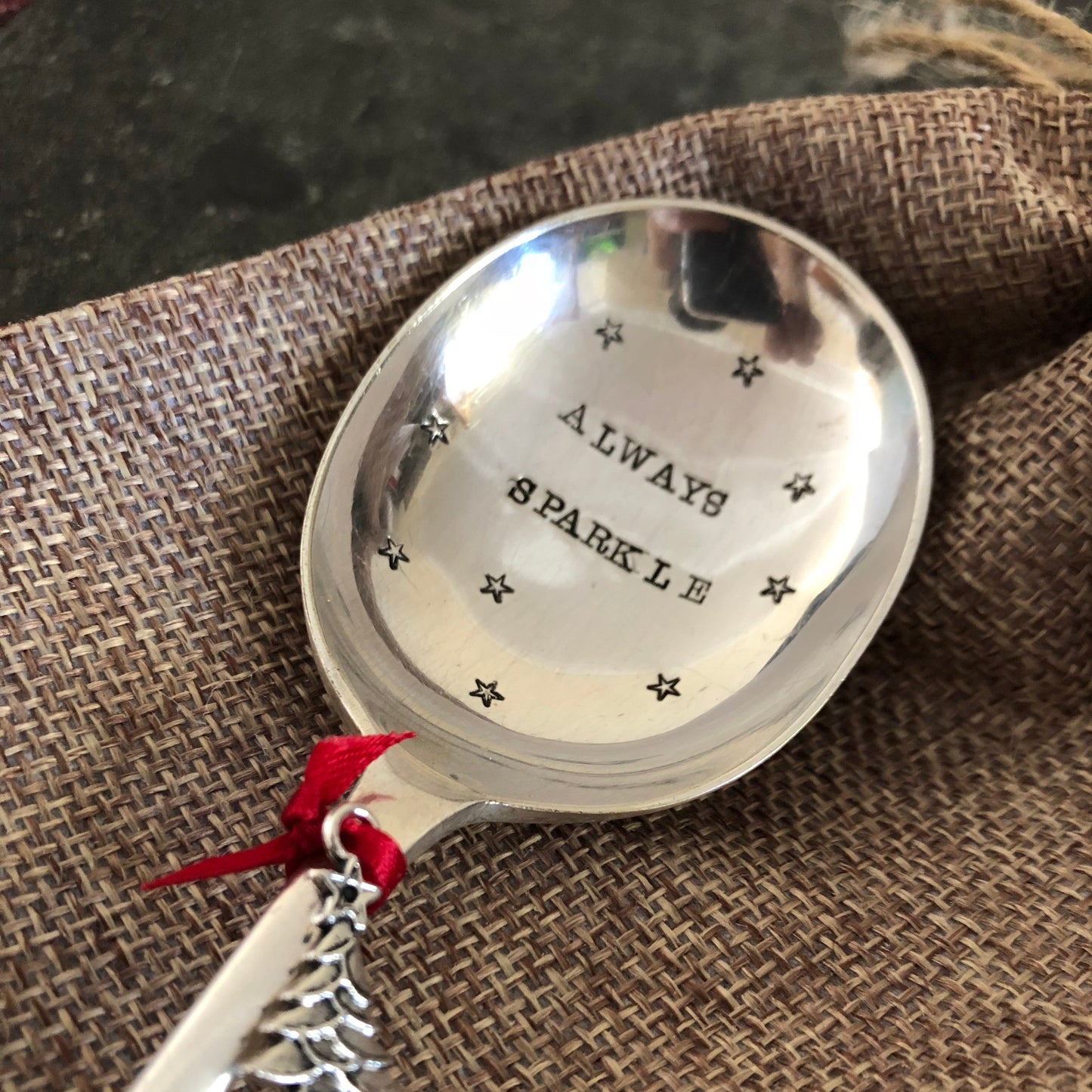 ALWAYS SPARKLE Hand Stamped Vintage Silver Plated Dessert Spoon