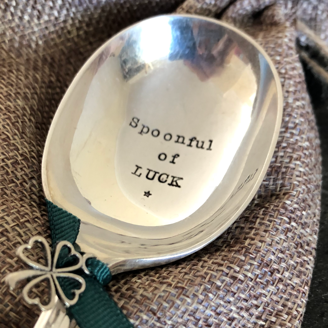SPOONFUL OF LUCK - Hand stamped Vintage Silver Plated Soup of Dessert spoon