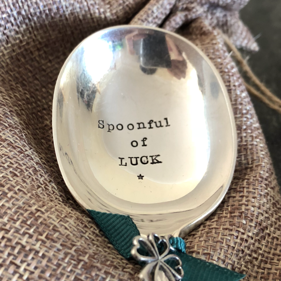 SPOONFUL OF LUCK - Hand stamped Vintage Silver Plated Soup of Dessert spoon