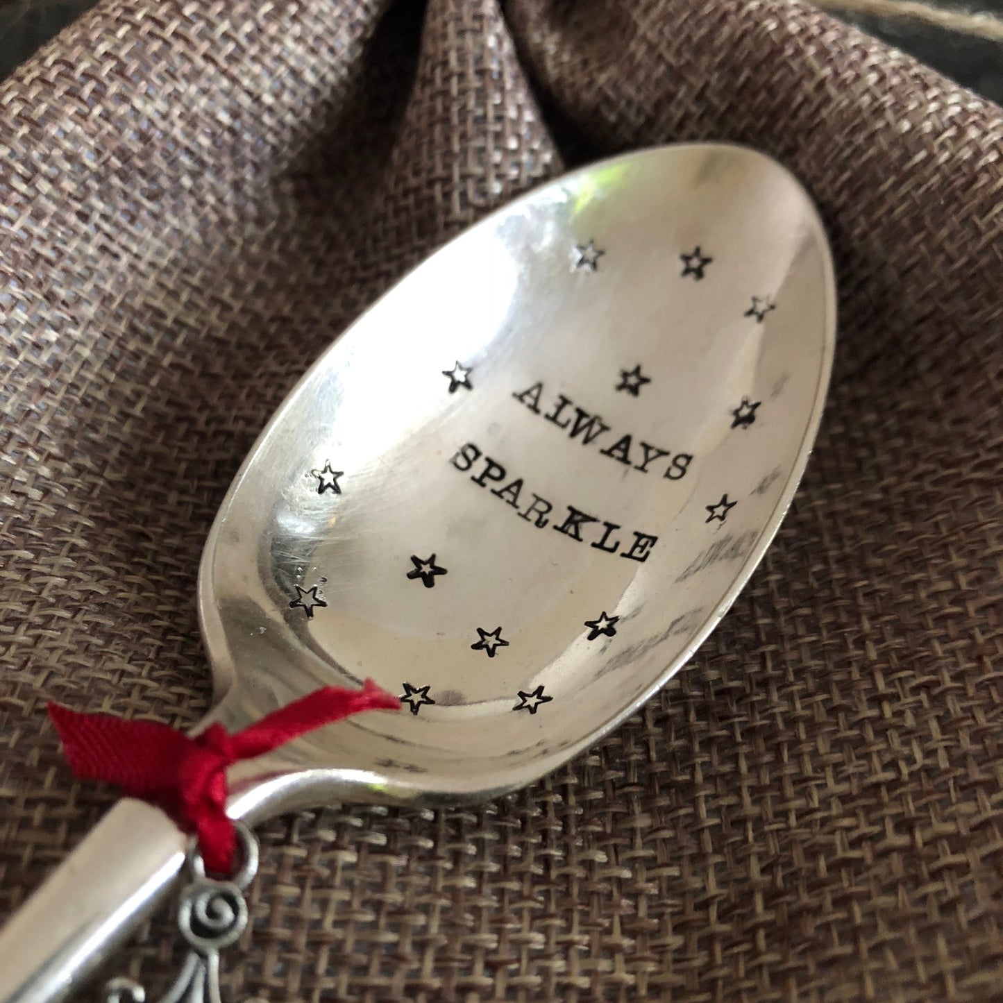 ALWAYS SPARKLE Hand Stamped Vintage Silver Plated Dessert Spoon