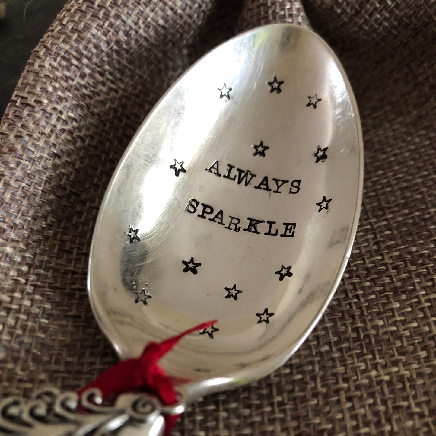 ALWAYS SPARKLE Hand Stamped Vintage Silver Plated Dessert Spoon