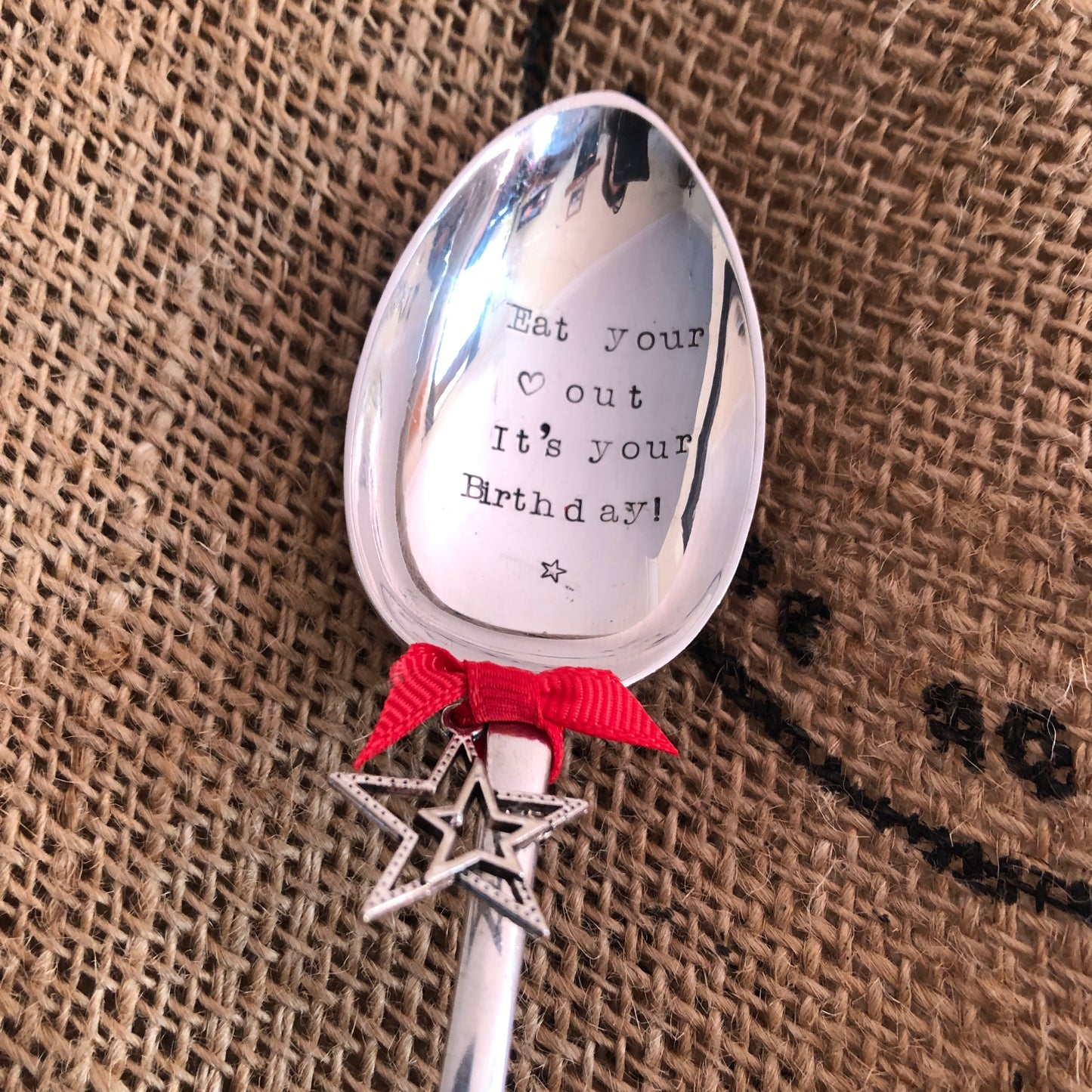 EAT YOUR HEART OUT...IT'S YOUR BIRTHDAY! - Fun Hand stamped Silver Plated Vintage Dessert/soup Spoon