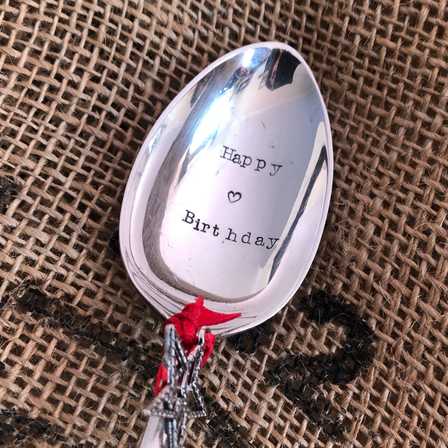 HAPPY BIRTHDAY - Hand stamped Silver Plated Vintage Dessert spoon