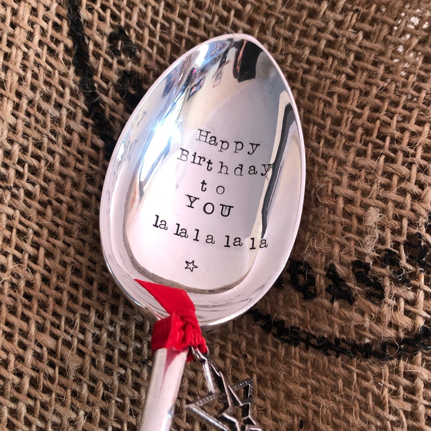 HAPPY BIRTHDAY TO YOU...LA LA LA LA LA - Hand stamped Silver Plated Vintage Dessert spoon