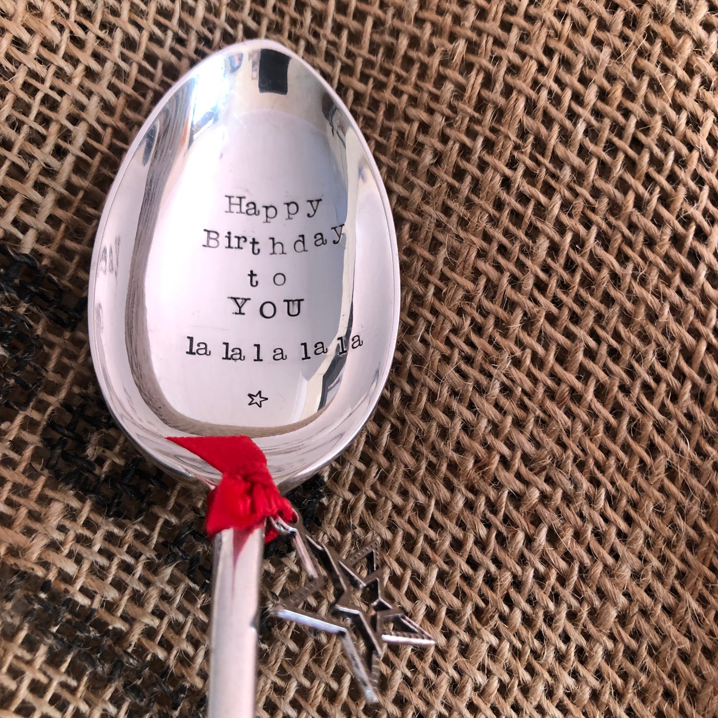 HAPPY BIRTHDAY TO YOU...LA LA LA LA LA - Hand stamped Silver Plated Vintage Dessert spoon