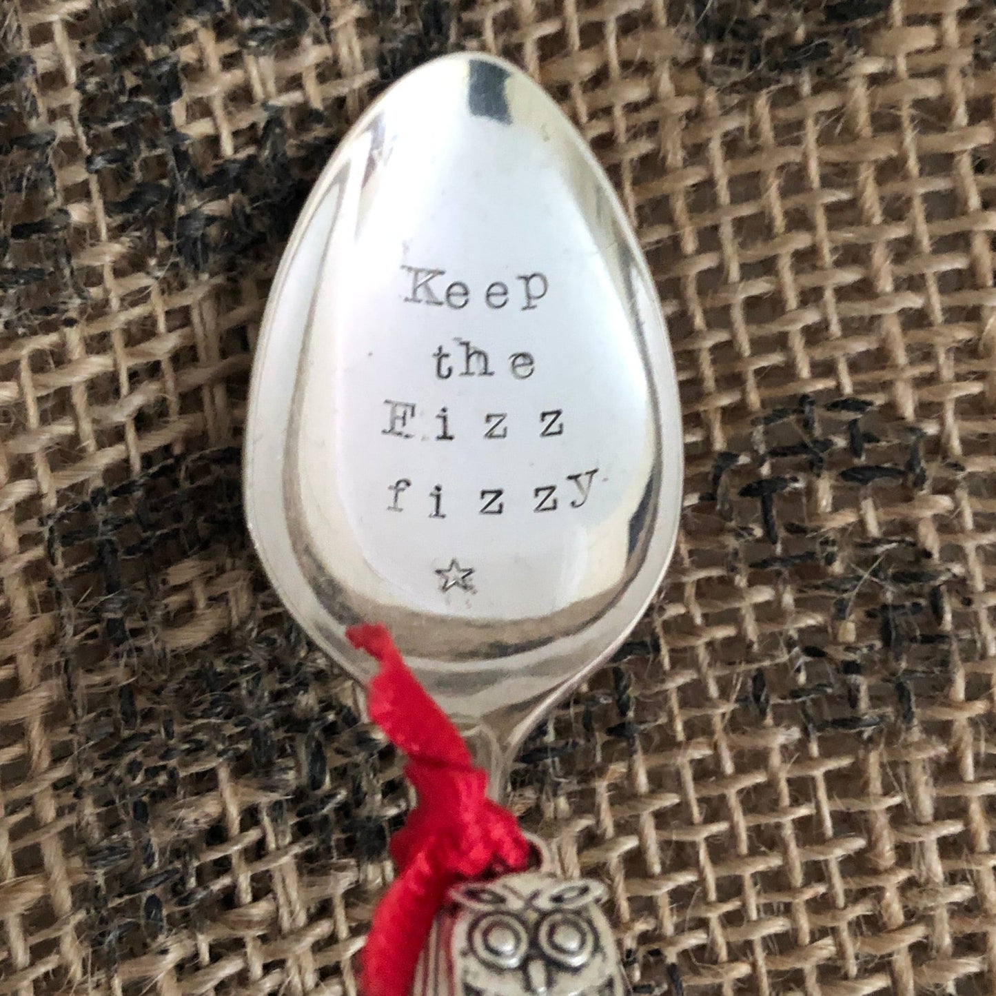 KEEP THE FIZZ FIZZY Hand stamped Vintage Silver Plated Teaspoon