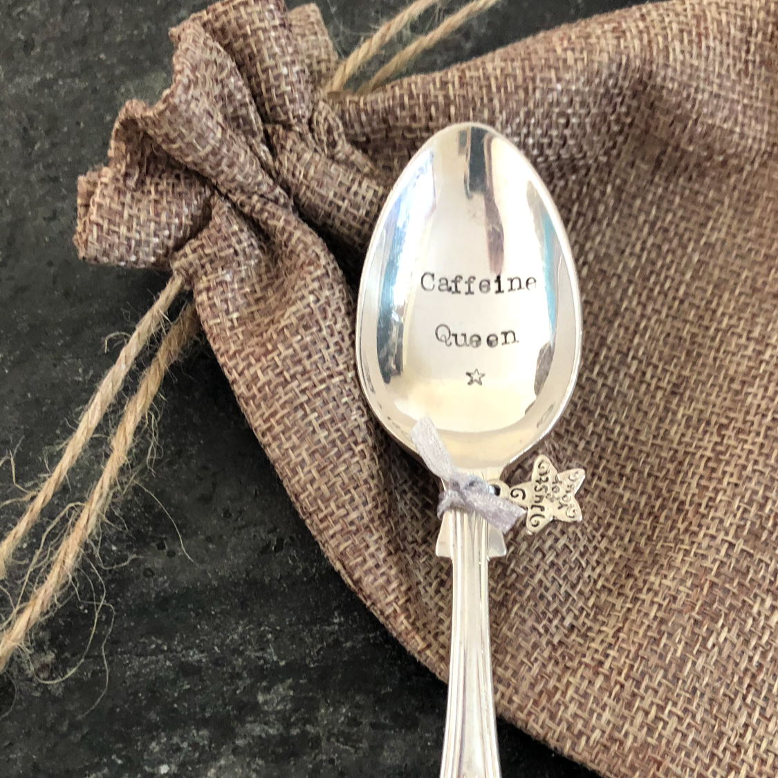 CAFFEINE QUEEN - Hand stamped Vintage Silver Plated Teaspoon