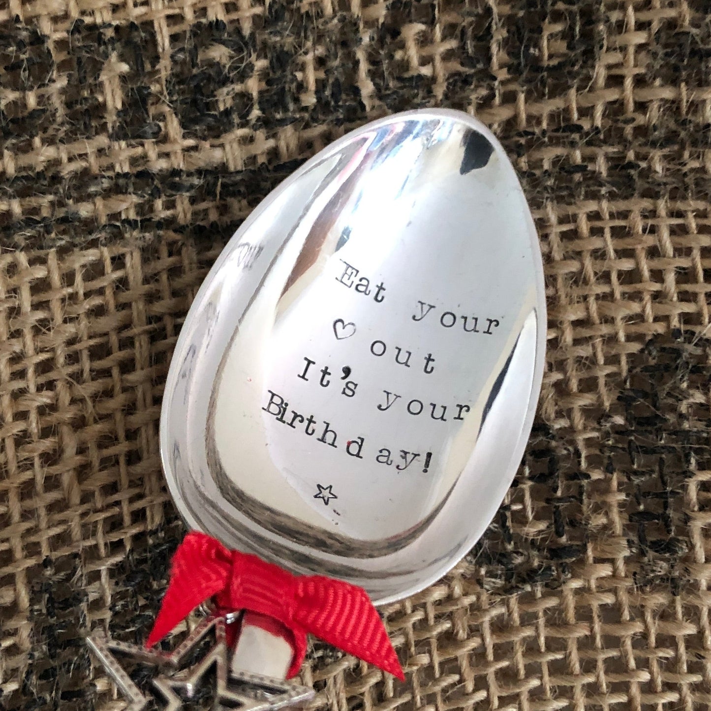 EAT YOUR HEART OUT...IT'S YOUR BIRTHDAY! - Fun Hand stamped Silver Plated Vintage Dessert/soup Spoon