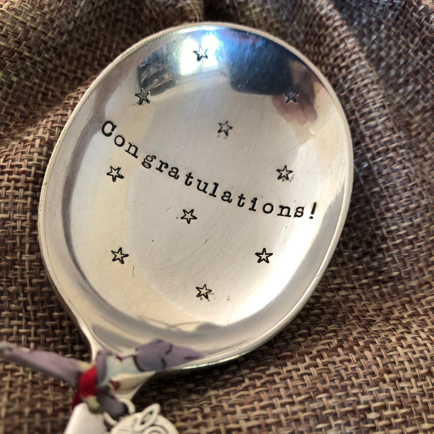 CONGRATULATIONS Hand stamped Vintage Silver Plated Soup Spoon