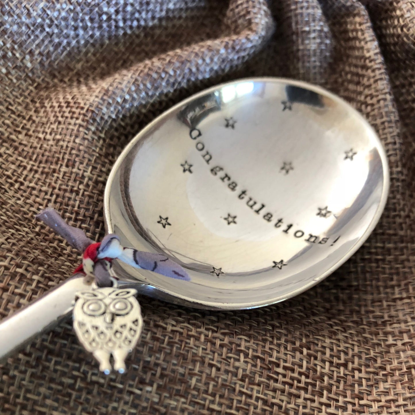 CONGRATULATIONS Hand stamped Vintage Silver Plated Soup Spoon