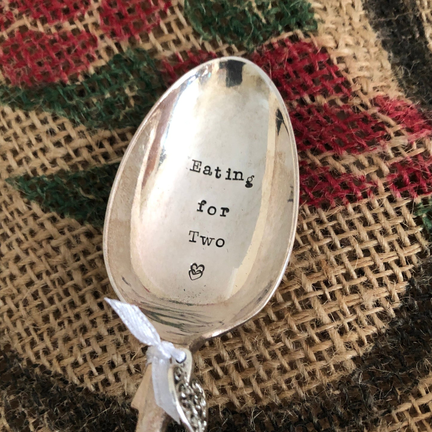 EATING FOR TWO - Hand stamped Vintage Silver Plated Dessert spoon