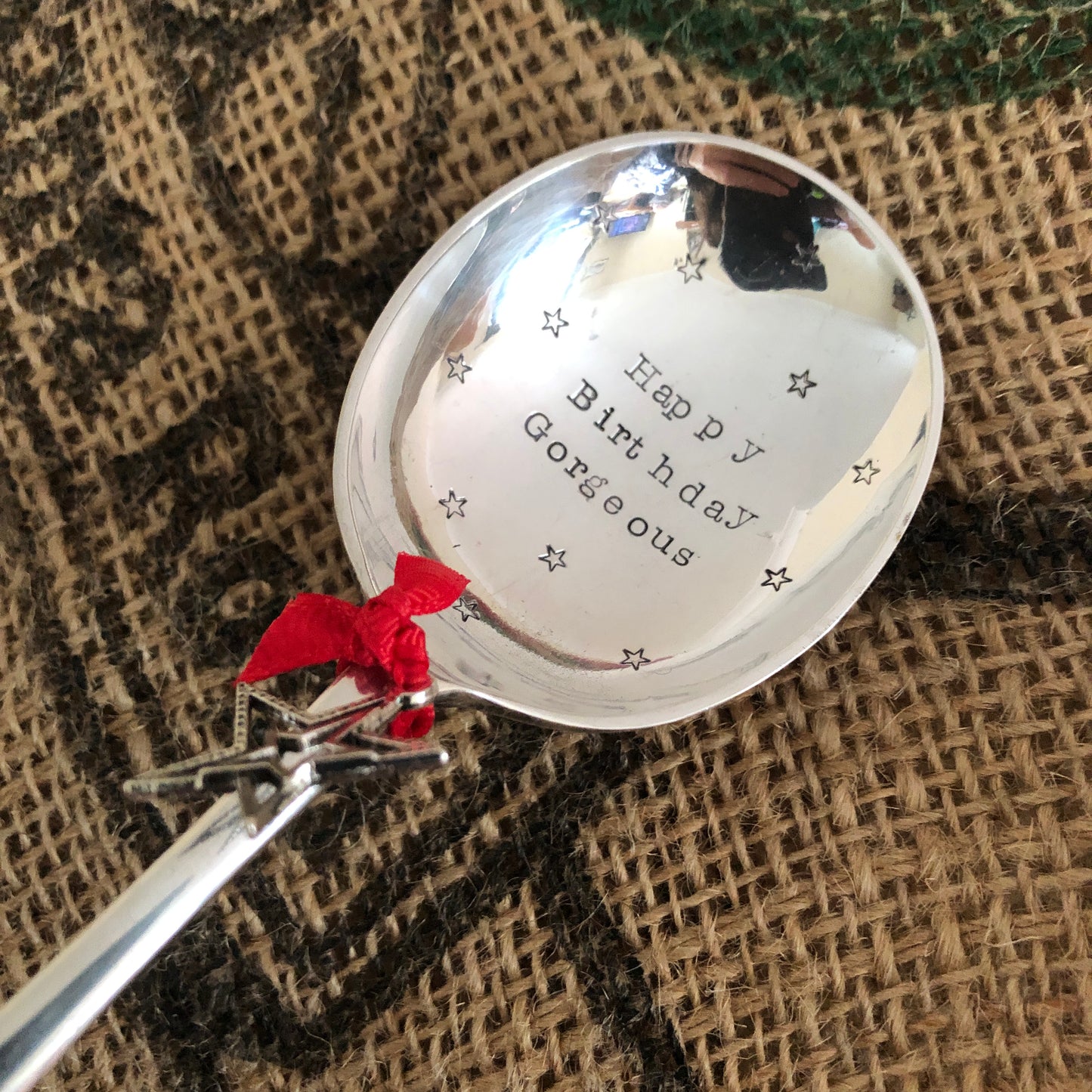 HAPPY BIRTHDAY GORGEOUS - Hand stamped Silver Plated Vintage Dessert/soup spoon