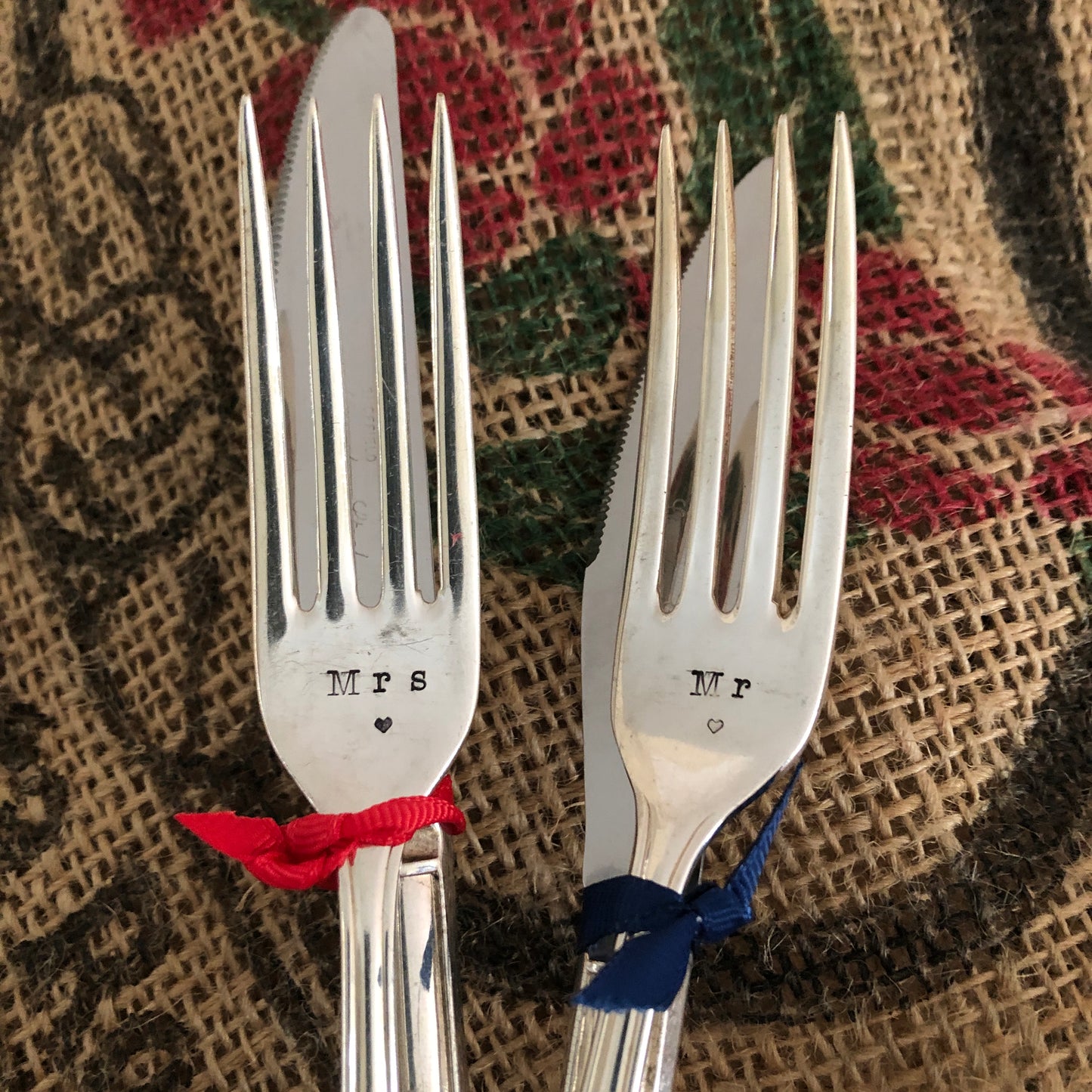 MR & MRS Hand stamped Vintage Silver Plated Knife and Fork set perfect for Weddings & Valentines