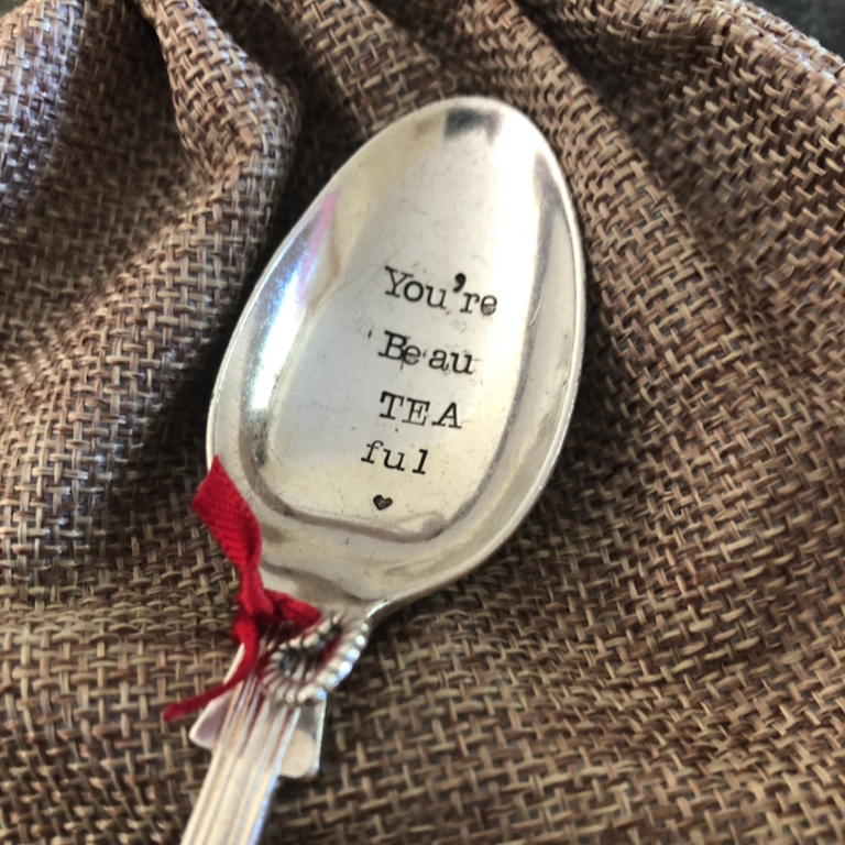YOU'RE BEAU TEA FUL Hand stamped Vintage Silver Plated Teaspoon