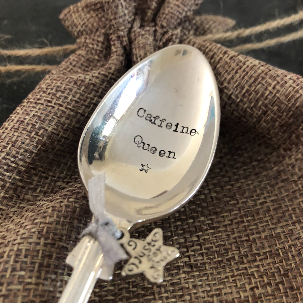 CAFFEINE QUEEN - Hand stamped Vintage Silver Plated Teaspoon