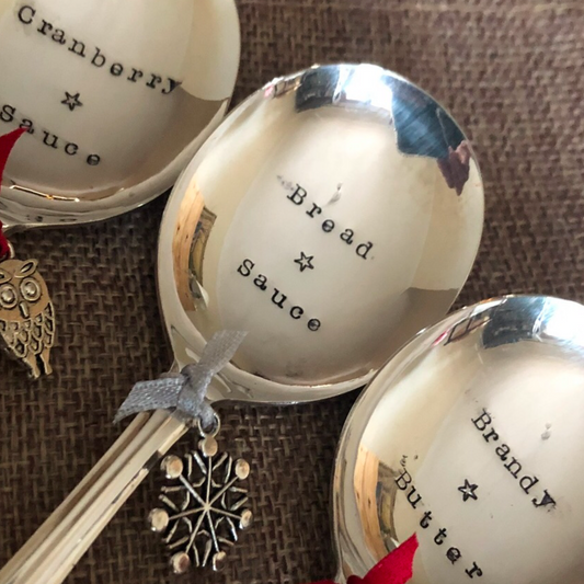 Set of three Christmas condiment spoons CRANBERRY SAUCE * BREAD SAUCE * BRANDY BUTTER Hand stamped Vintage Silver Plated spoons
