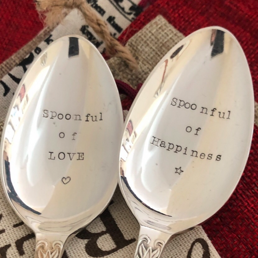 CHRISTMAS OFFER *** SPOONFUL OF LOVE and SPOONFUL OF HAPPINESS Set of two Hand stamped Vintage silver plated desserts spoons
