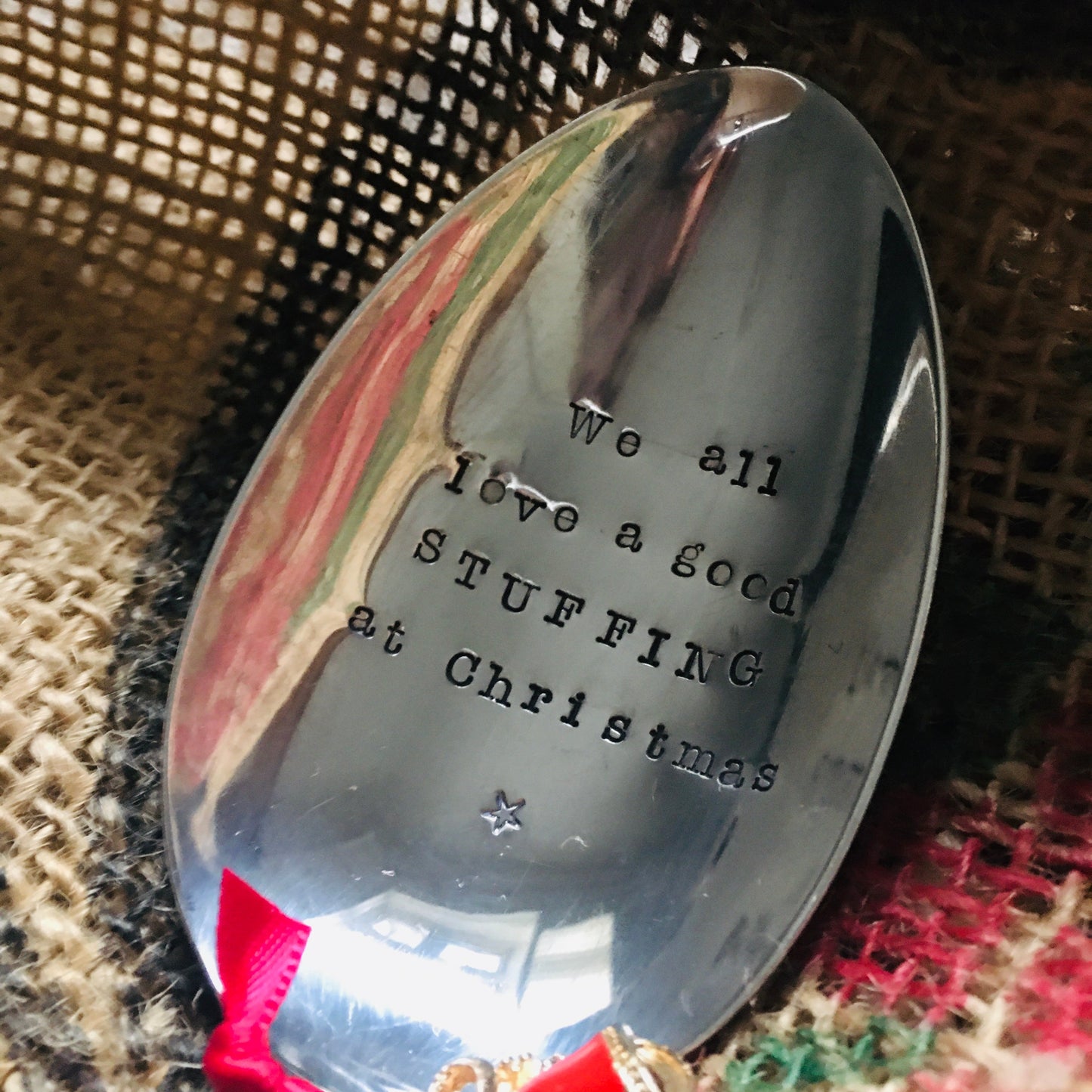 WE ALL LOVE A GOOD STUFFING AT CHRISTMAS cheeky Serving Spoon.  Vintage hand stamped silver plated large serving spoon