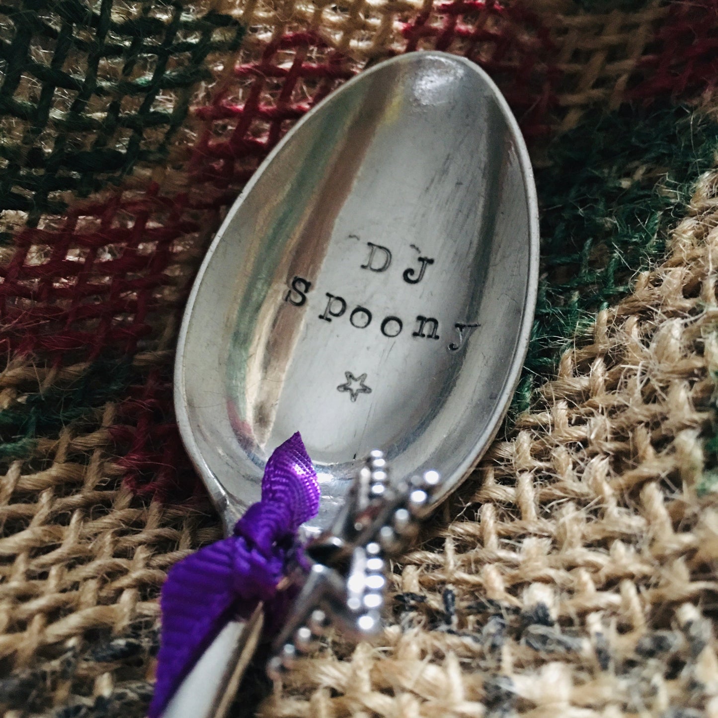 DJ SPOONY fun hand stamped vintage silver plated teaspoon