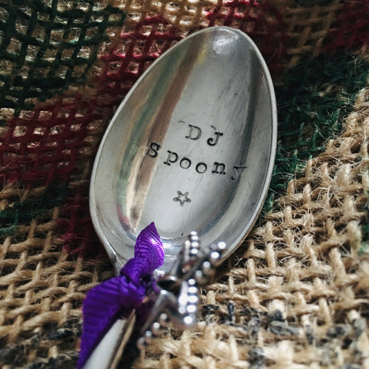 DJ SPOONY fun hand stamped vintage silver plated teaspoon