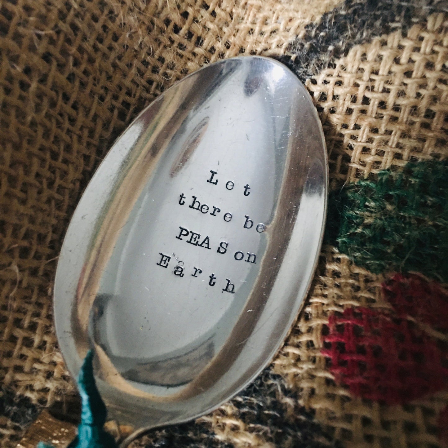 LET THERE BE PEAS ON EARTH Serving spoon Hand stamped silver plated vintage large serving spoon