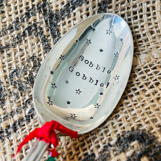 GOBBLE GOBBLE Hand stamped Christmas Vintage Silver Plated Breakfast/Dessert Spoon - Free P&P