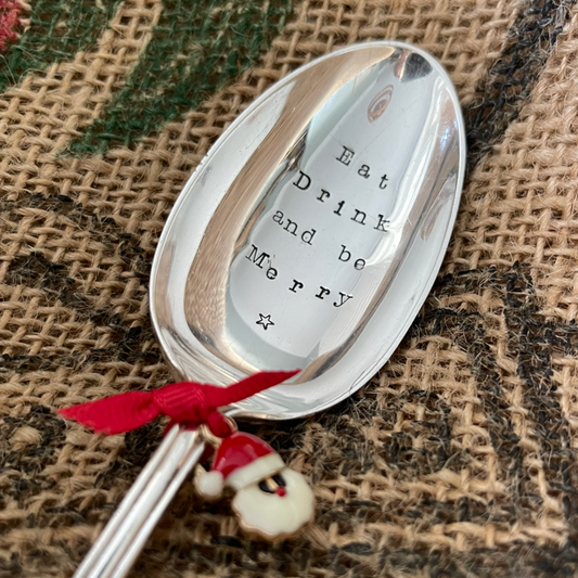 EAT DRINK AND BE MERRY.....Christmas Hand stamped Vintage Silver Plated Dessert Spoon - Free P&P