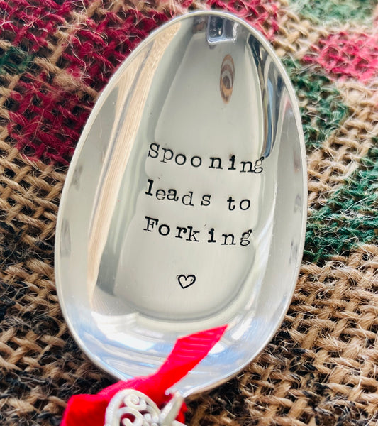 SPOONING LEADS TO FORKING Hand stamped Vintage Silver Plated Dessert spoon - FREE P&P