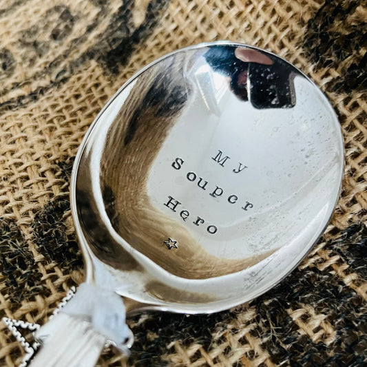 MY SOUPER HERO  Hand stamped Vintage Silver plated Soup spoon - FREE P&P