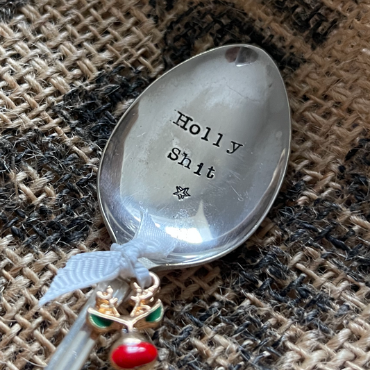 HOLLY SH*T Hand stamped Christmas Vintage Silver Plated Teaspoon - Free P&P