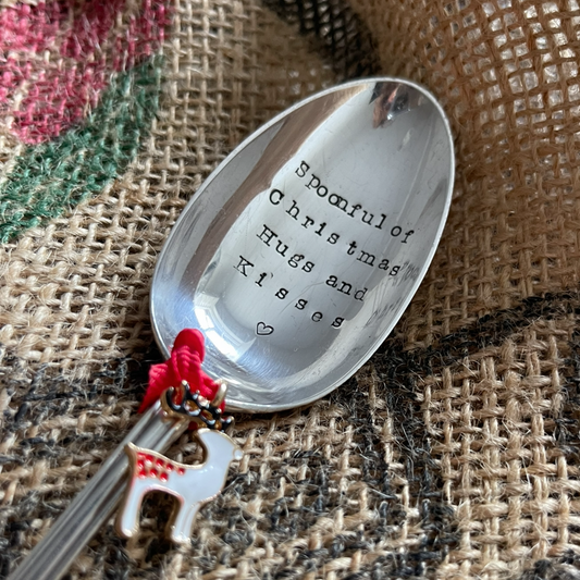 SPOONFUL OF CHRISTMAS HUGS AND KISSES Hand Stamped Silver Plated Vintage Dessert spoon - Free P&P