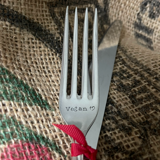 VEGAN....Hand stamped Vintage Silver Plated Knife and Fork set