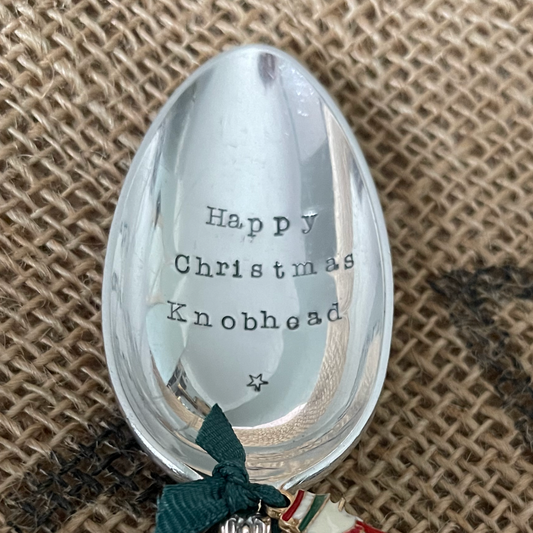 HAPPY CHRISTMAS KN*BHEAD Hand stamped Vintage Silver Plated Dessert spoon - Free P&P