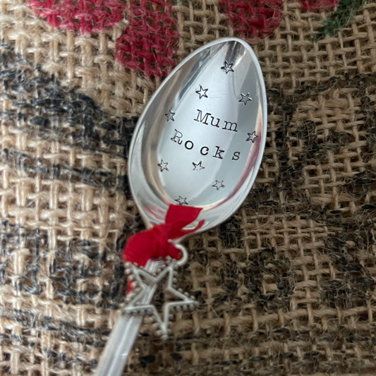 MUM ROCKS Hand stamped Vintage Silver Plated Teaspoon