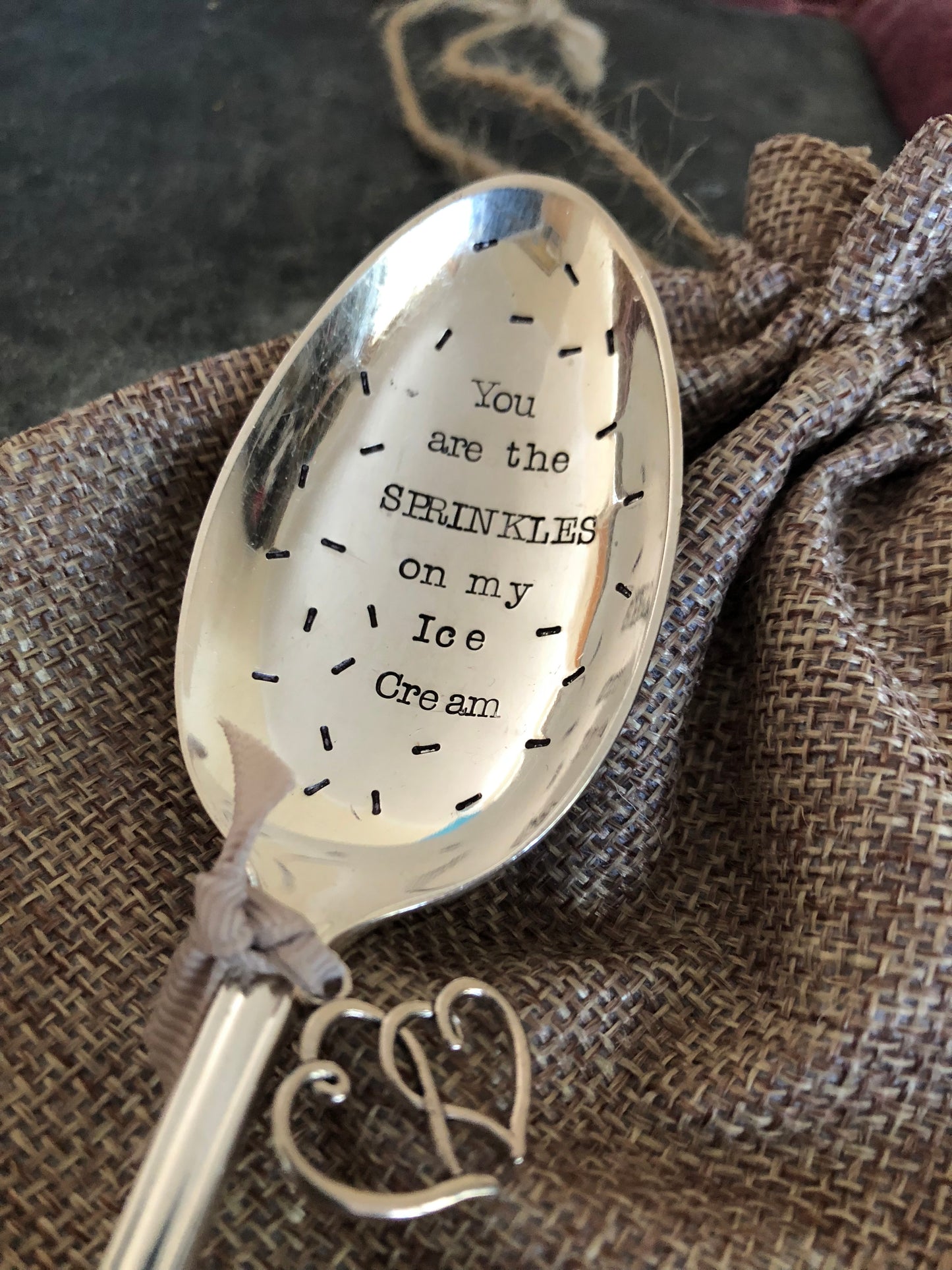 YOU ARE THE SPRINKLES ON MY ICE CREAM   Hand stamped Vintage Silver Plated Dessert Spoon - Free P&P