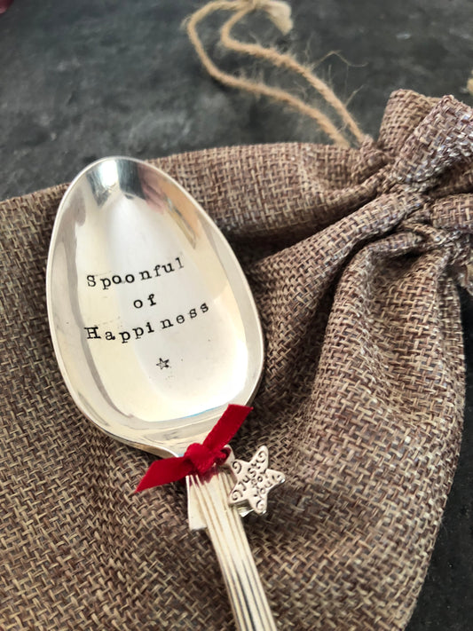 SPOONFUL OF HAPPINESS - Hand stamped Vintage Silver Plated Dessert Spoon - FREE P&P