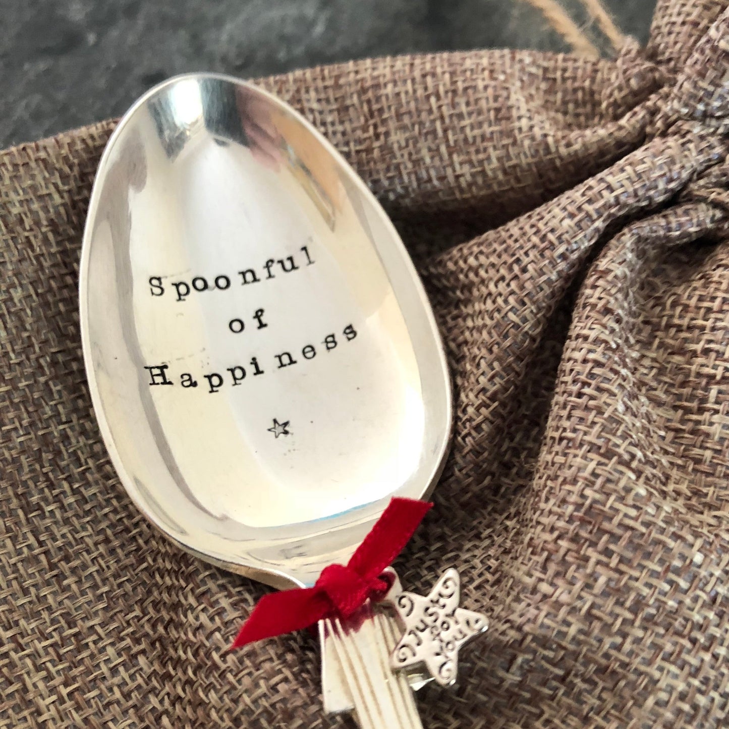 SPOONFUL OF HAPPINESS - Hand stamped Vintage Silver Plated Dessert Spoon - FREE P&P