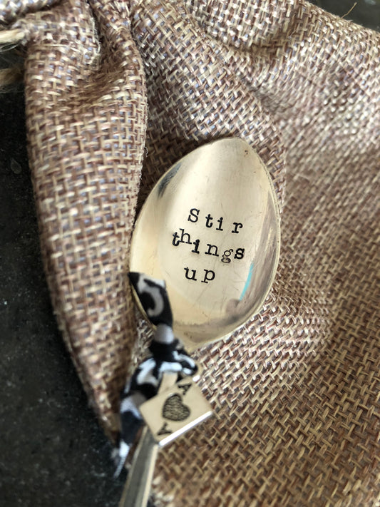 STIR THINGS UP   Hand stamped Vintage Silver Plated Teaspoon - Free P&P