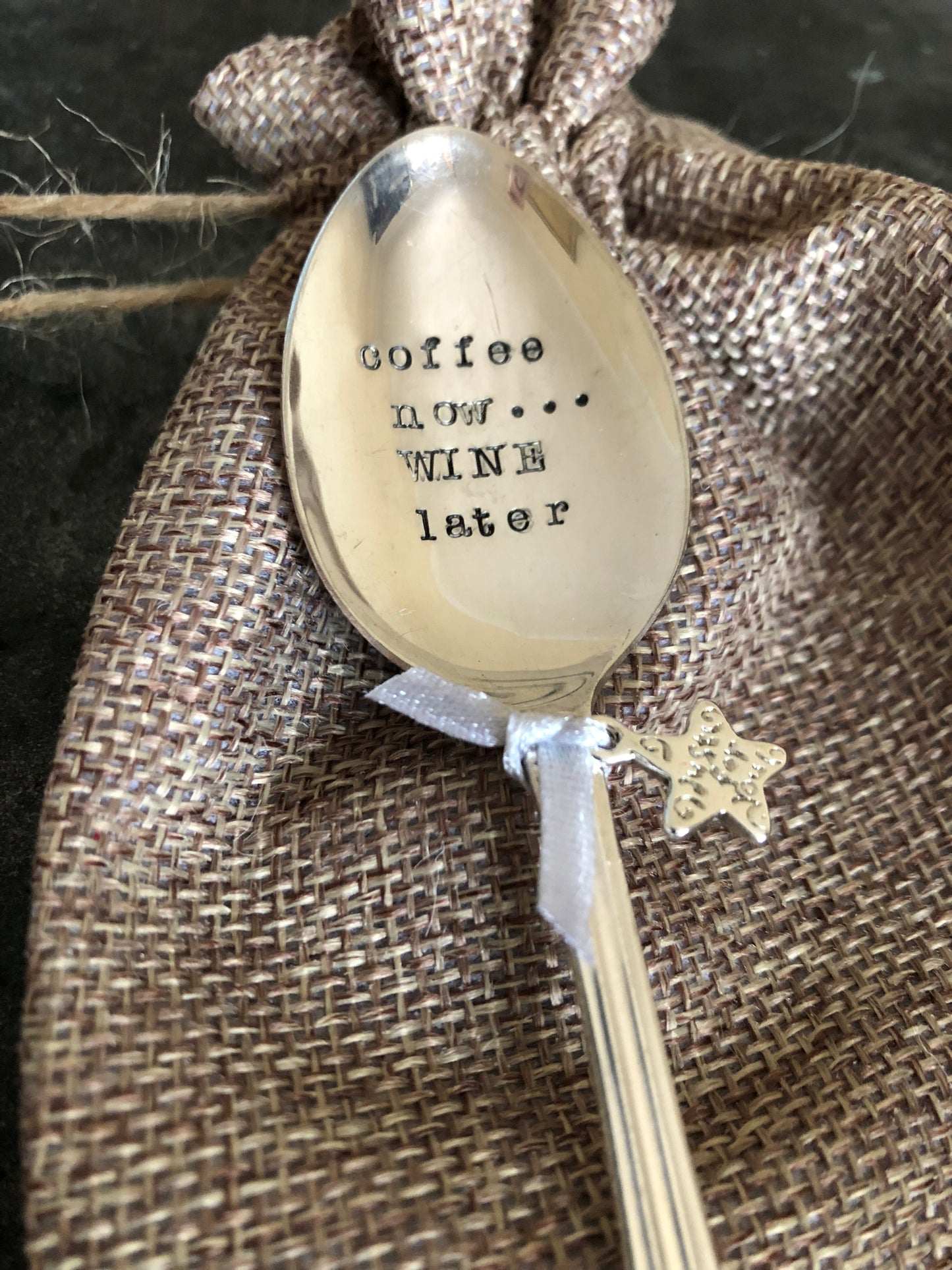 Coffee now...WINE later - Hand stamped Vintage Silver Plated Teaspoon - Free UK Shipping