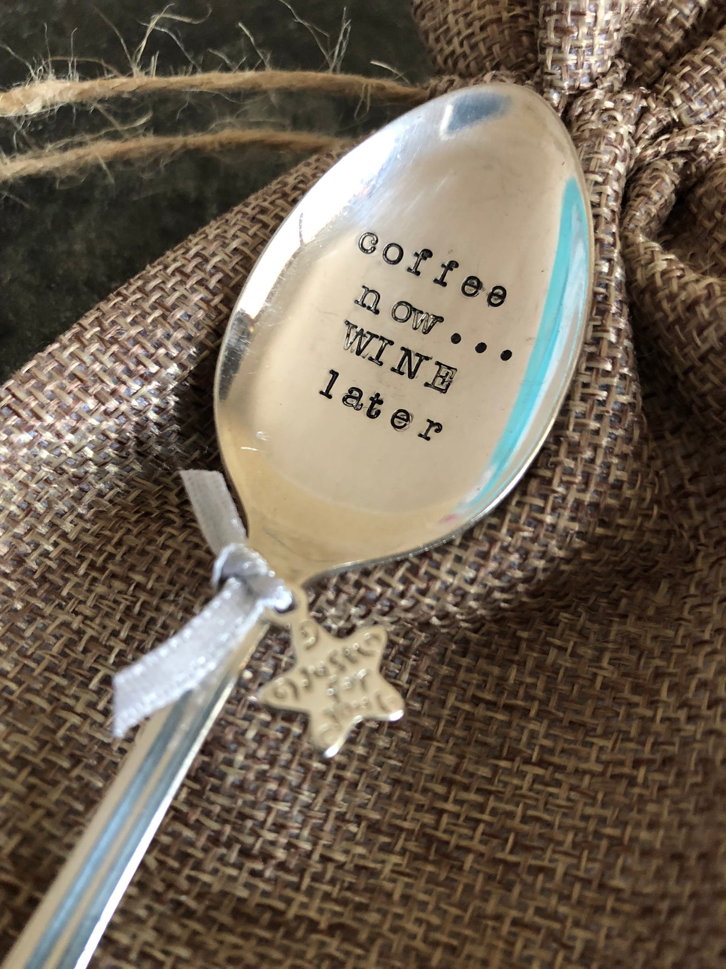 Coffee now...WINE later - Hand stamped Vintage Silver Plated Teaspoon - Free UK Shipping