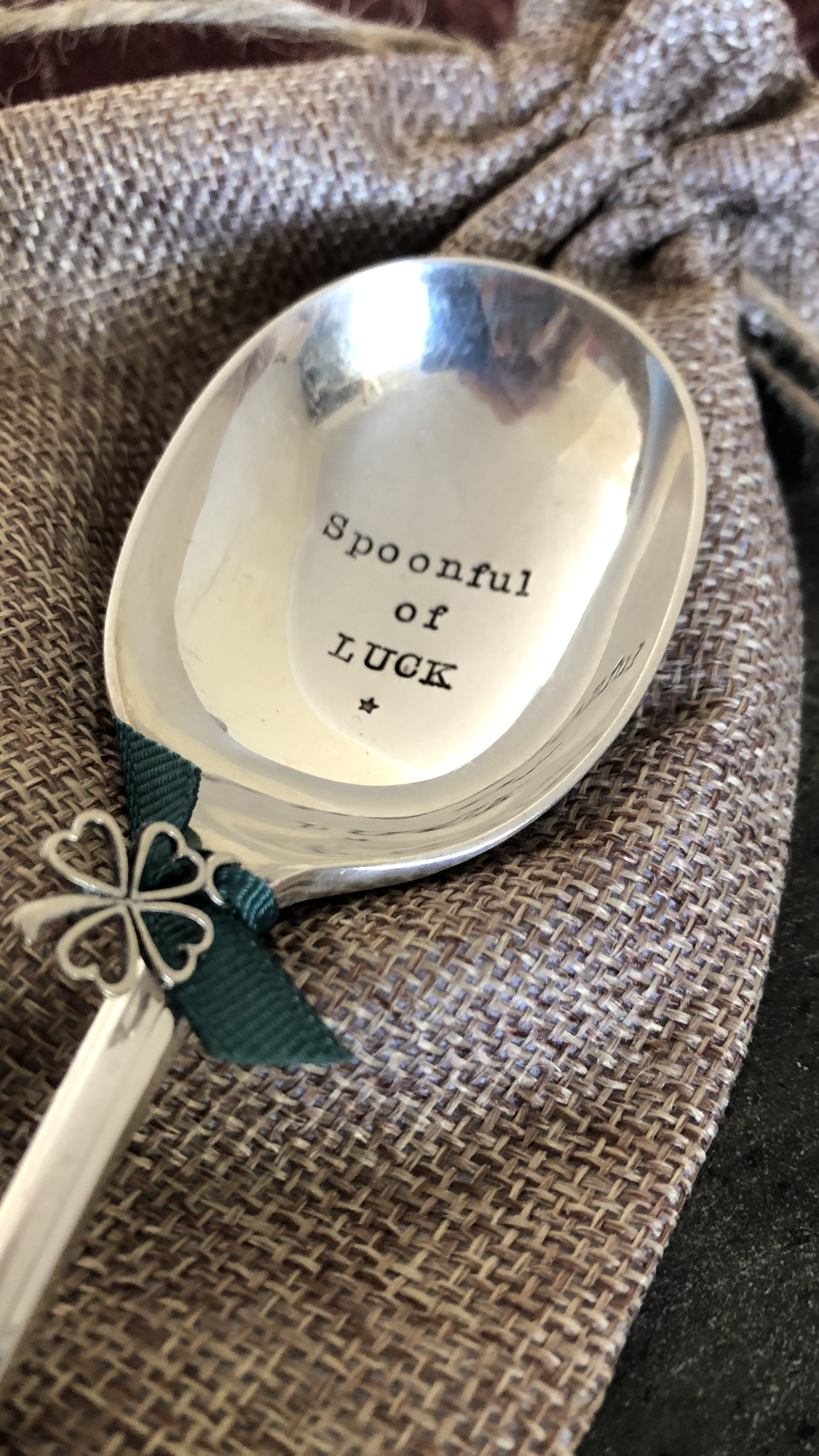 SPOONFUL OF LUCK - Hand stamped Vintage Silver Plated Soup of Dessert spoon - Free P&P